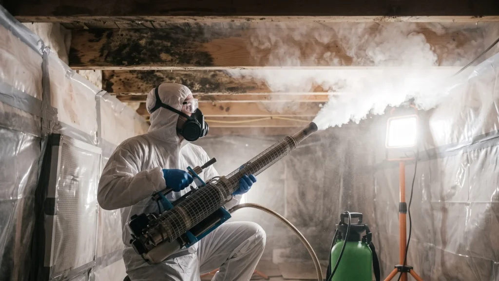 photo-of-a-technician-in-a-white-coverall-suit-treating-moldy-crawl-space-joists