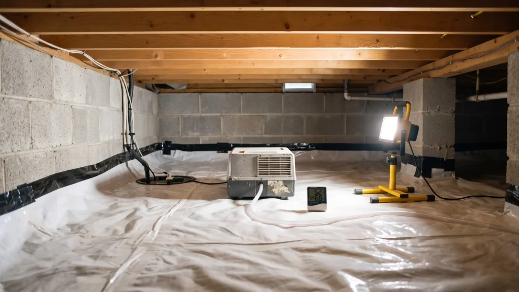 photo-of-a-white-plastic-vapor-barrier-and-dehumidifier-in-a-cinderblock-crawl-space