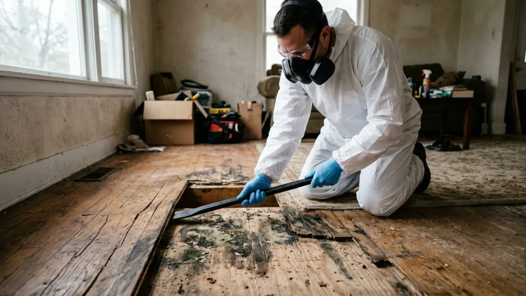 photo-of-an-inspector-lifting-damaged-floorboards-to-inspect-dark-subfloor-mold