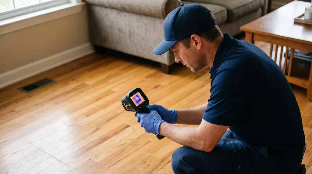 photo-of-an-inspector-using-a-thermal-imaging-camera-on-wood-flooring
