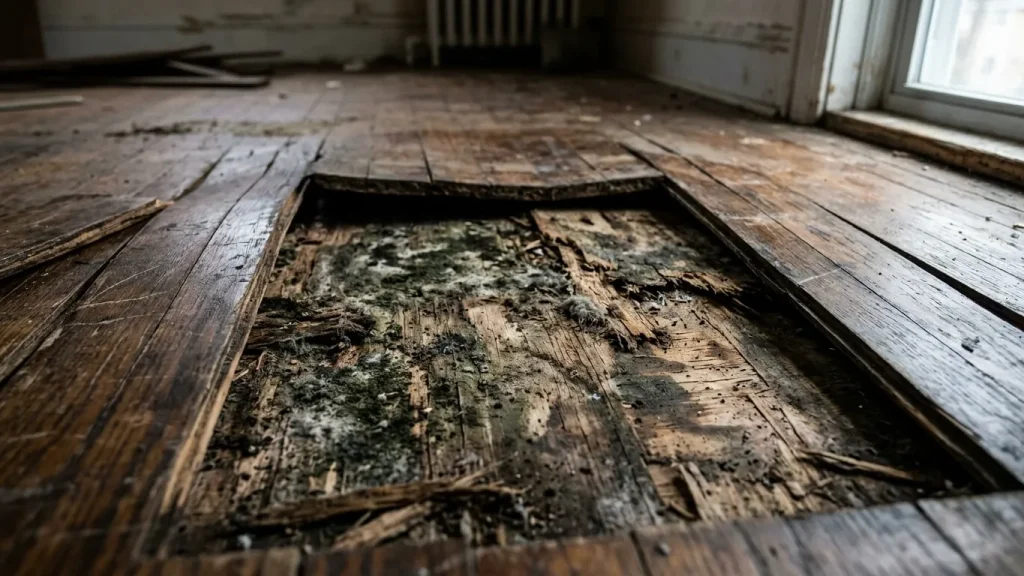photo-of-rotted-subfloor-and-cupped-hardwood-showing-why-is-mold-under-flooring-dangerous