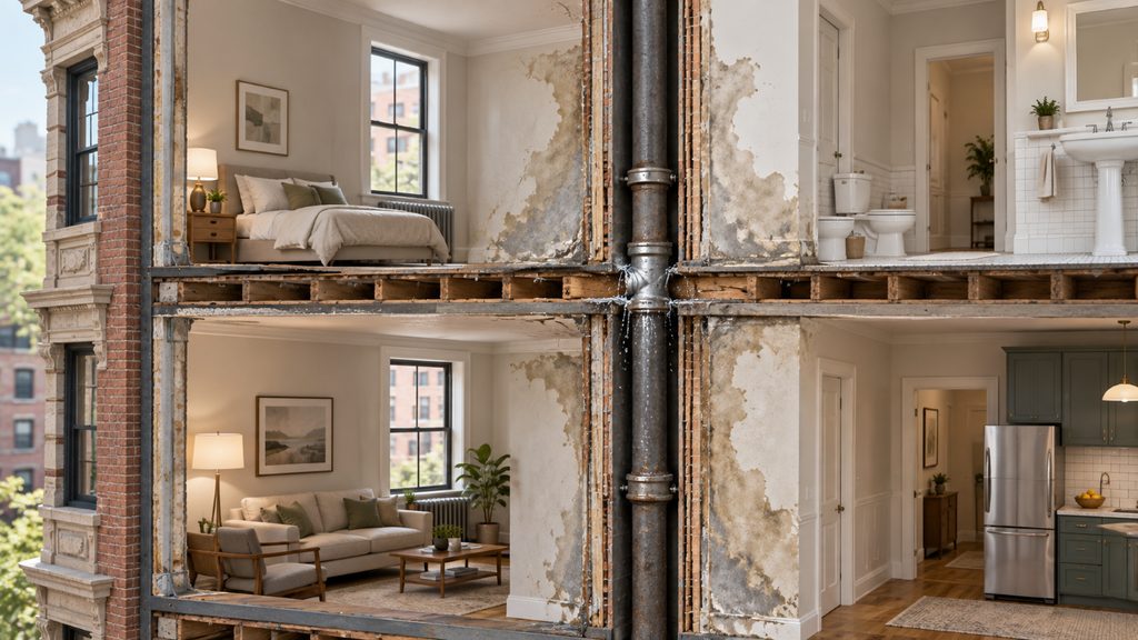 Cutaway of a leaking riser pipe inside a prewar building wall,
wetting the walls of two stacked apartments