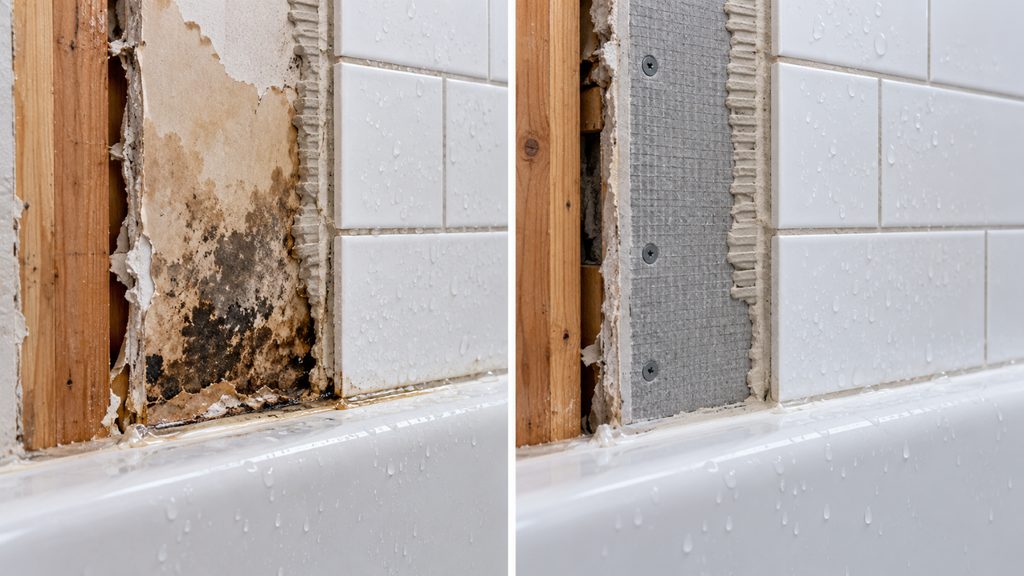 Cross-section of a bathroom tub wall comparing tile over sheetrock with tile over cement board