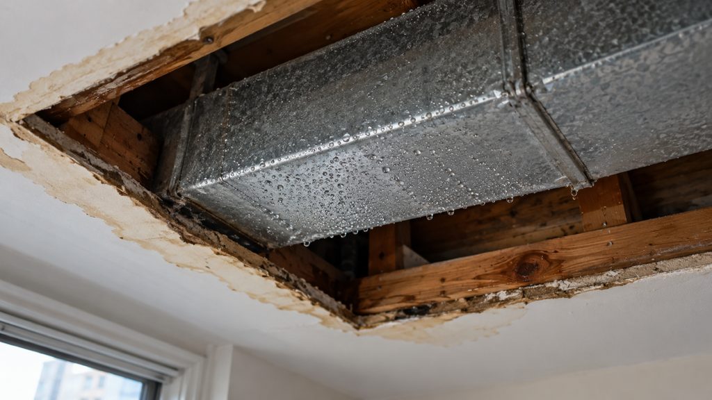 Condensation droplets on an uninsulated HVAC supply duct exposed through a water-damaged ceiling in a NYC apartment.