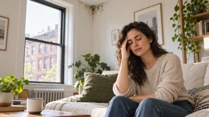 image of a women rubbing her head questioning can black mold cause headaches
