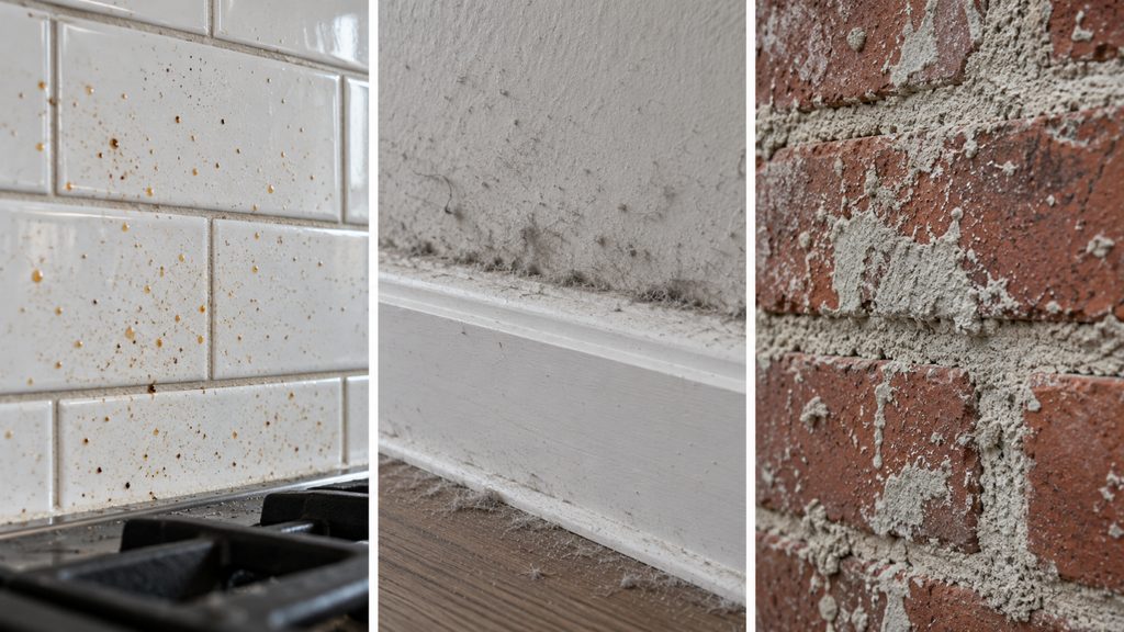 Comparison of kitchen grease splatter, household dust, and masonry residue commonly mistaken for mold in NYC homes.