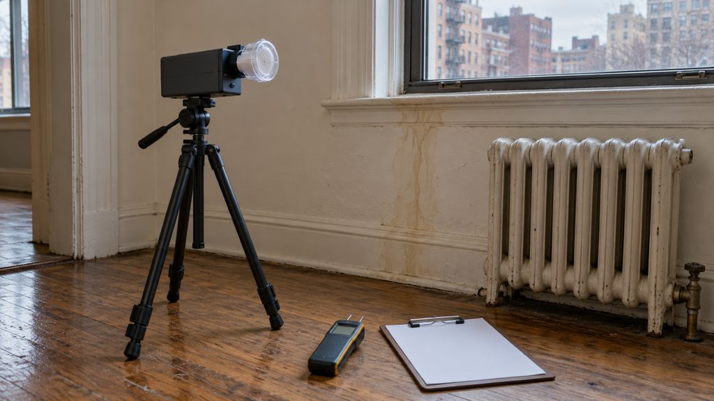 Professional mold inspection and indoor air sampling equipment near a water-stained wall in a prewar New York City apartment.
